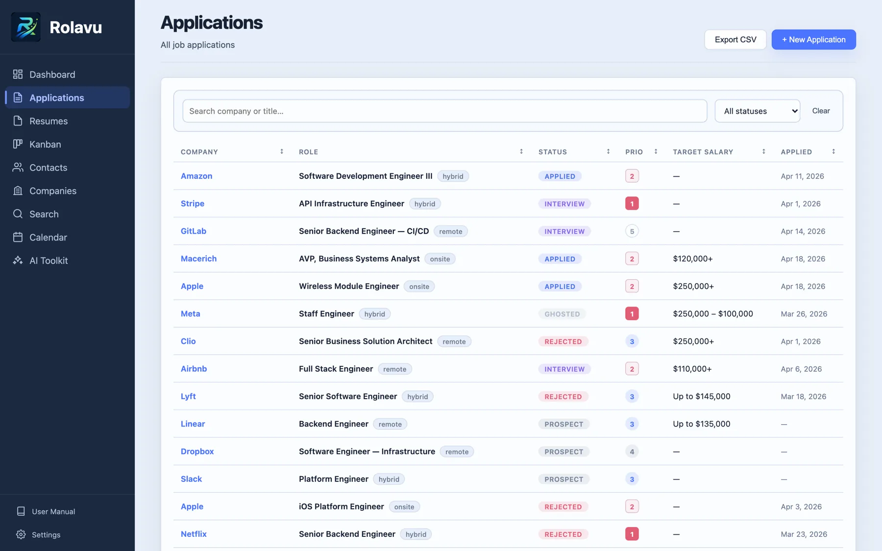 Rolavu applications list with search and filters