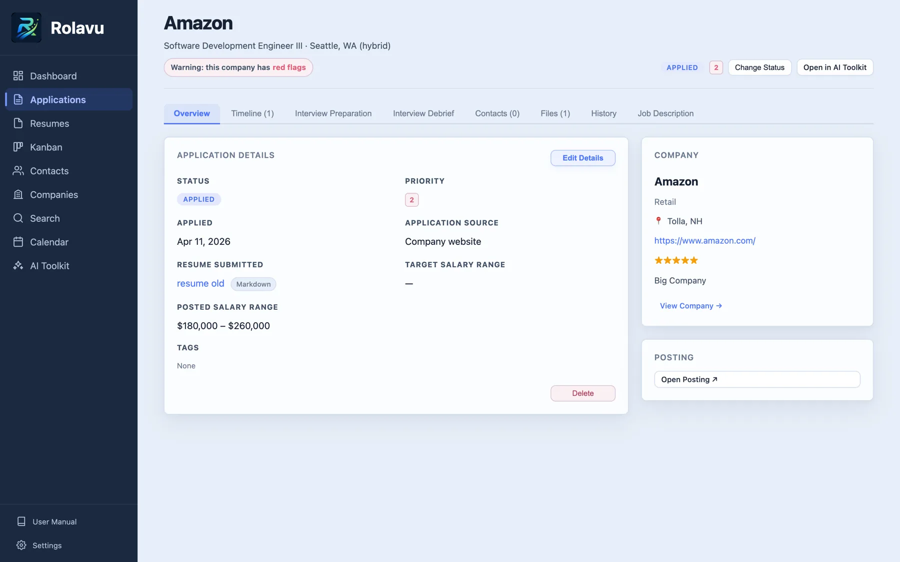 Rolavu application detail page in light mode