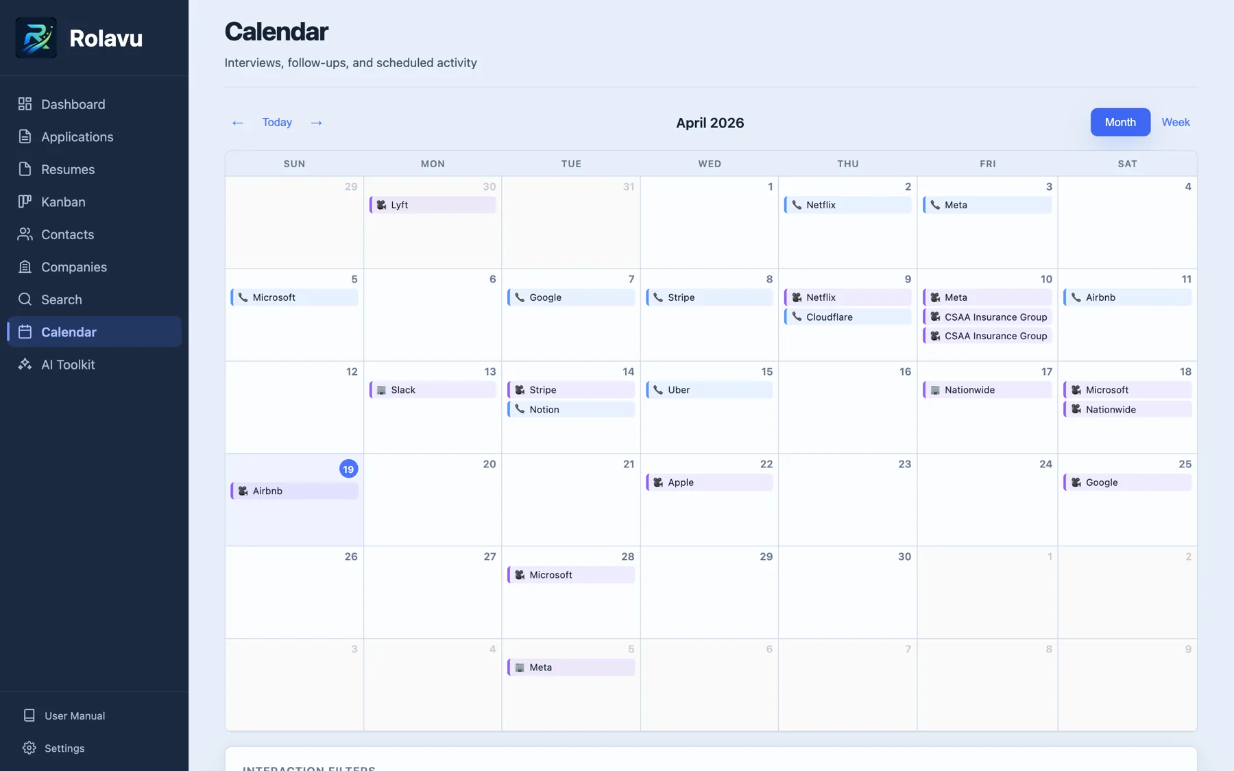 Rolavu calendar in month view