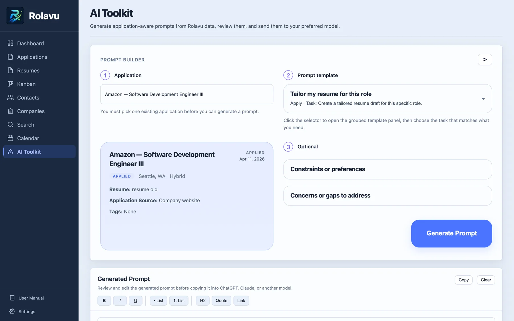 Rolavu AI Toolkit in light mode