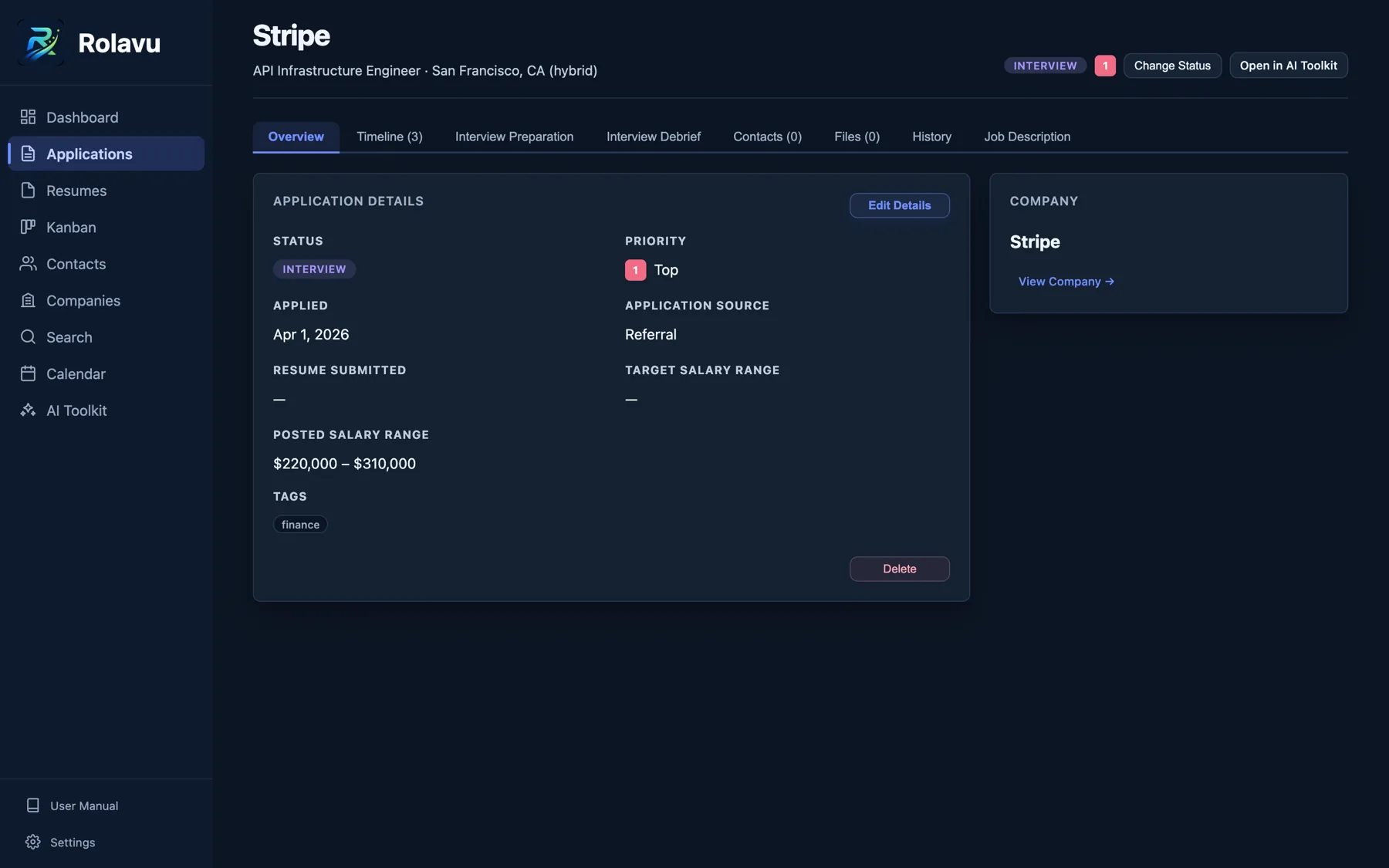 Rolavu application detail page in dark mode