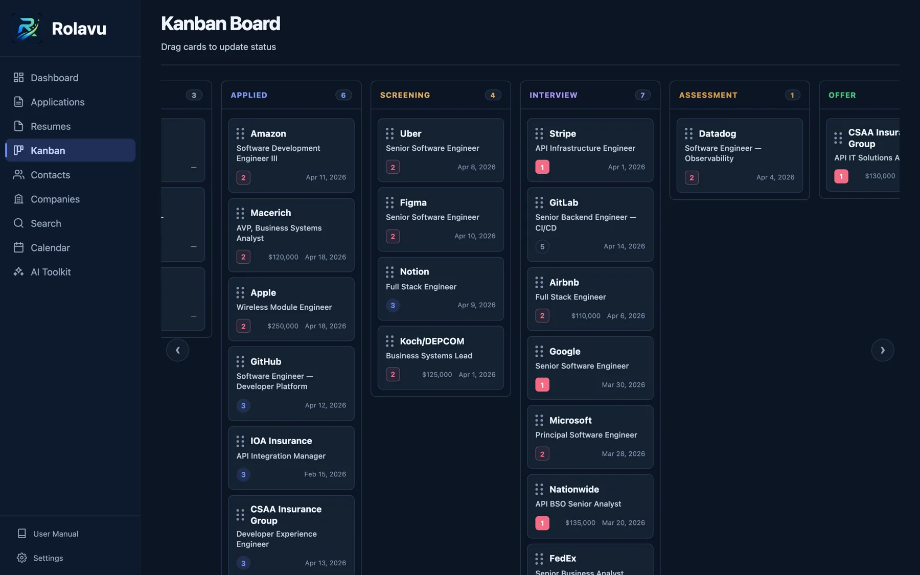 Rolavu kanban board in dark mode