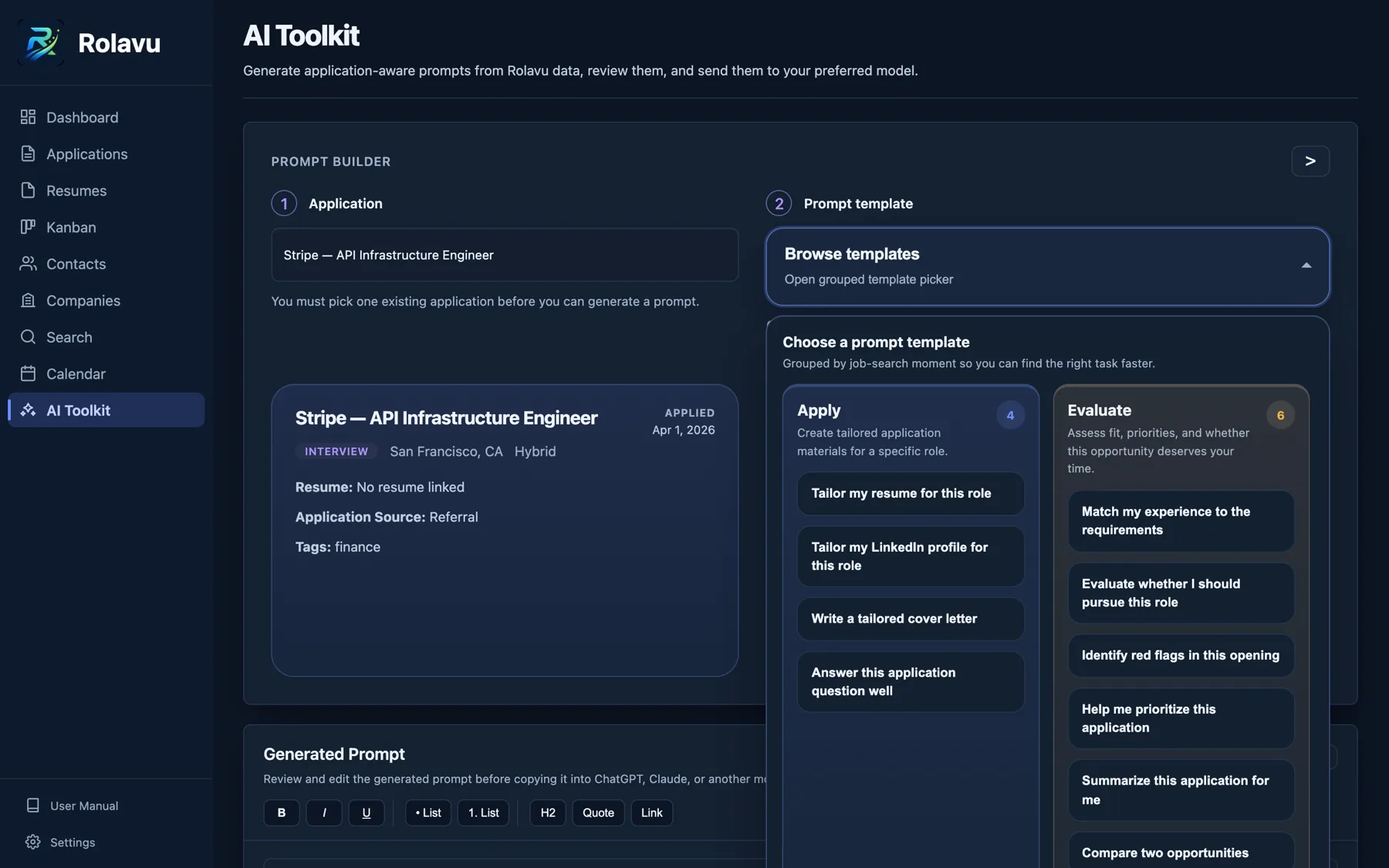 Rolavu AI Toolkit in dark mode